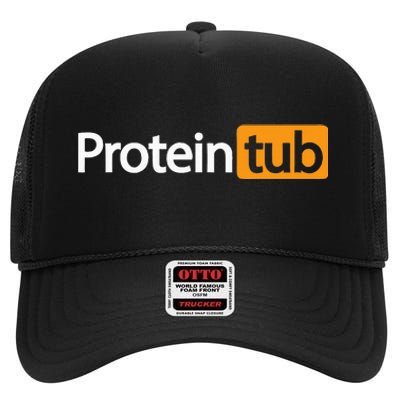 Funny Protein Tub Fun Adult Humor Joke Workout Fitness Gym High Crown Mesh Back Trucker Hat