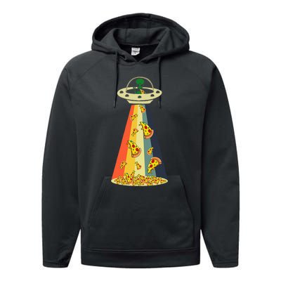 Funny Pizza UFO Alien Eating Pizza a UFO Extraterrestrial Performance Fleece Hoodie