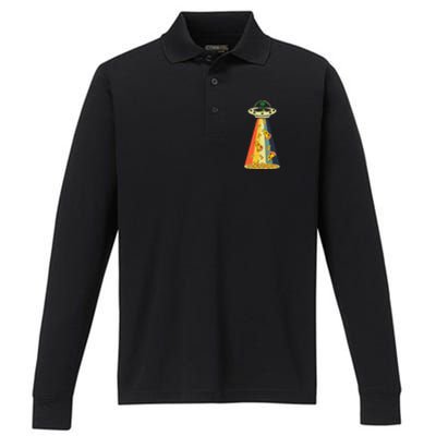 Funny Pizza UFO Alien Eating Pizza a UFO Extraterrestrial Performance Long Sleeve Polo