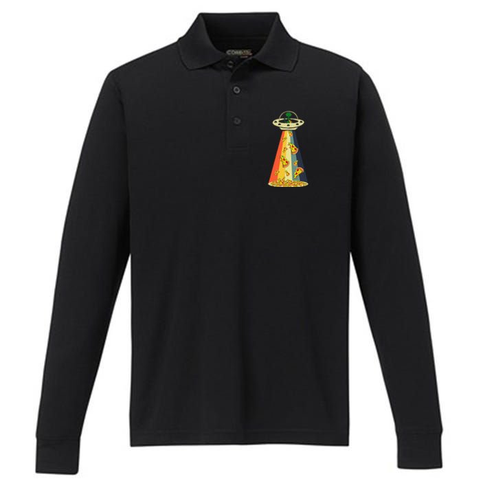 Funny Pizza UFO Alien Eating Pizza a UFO Extraterrestrial Performance Long Sleeve Polo