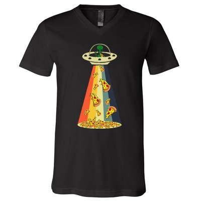 Funny Pizza UFO Alien Eating Pizza a UFO Extraterrestrial V-Neck T-Shirt