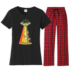 Funny Pizza UFO Alien Eating Pizza a UFO Extraterrestrial Women's Flannel Pajama Set