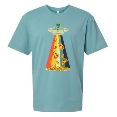 Funny Pizza UFO Alien Eating Pizza a UFO Extraterrestrial Sueded Cloud Jersey T-Shirt