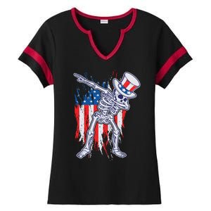 Funny Patriotic USA American Flag Dabbing Skeleton Ladies Halftime Notch Neck Tee