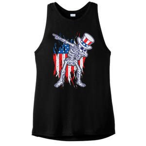 Funny Patriotic USA American Flag Dabbing Skeleton Ladies PosiCharge Tri-Blend Wicking Tank