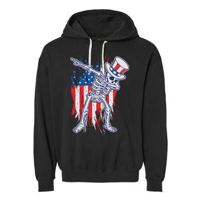 Funny Patriotic USA American Flag Dabbing Skeleton Garment-Dyed Fleece Hoodie