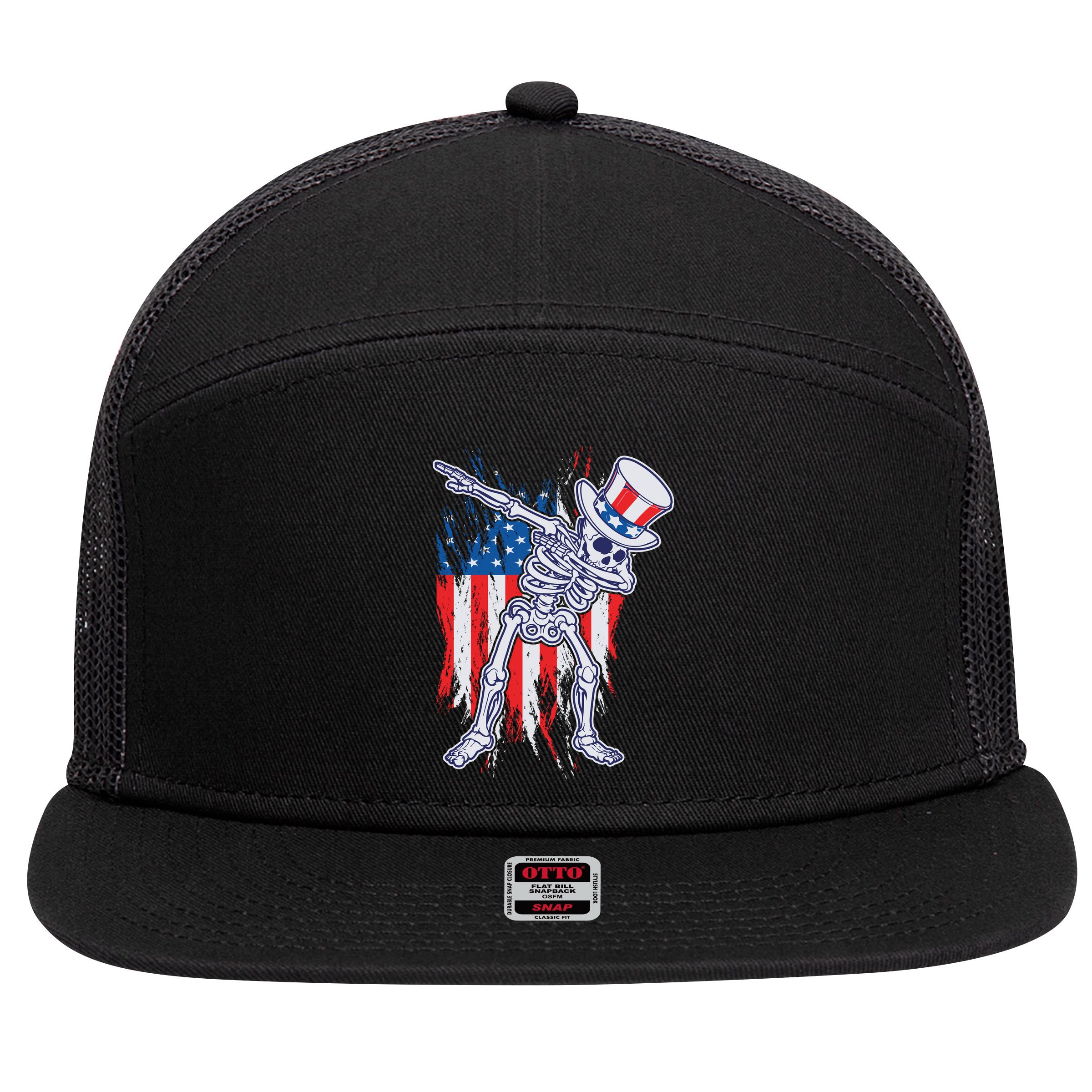Funny Patriotic USA American Flag Dabbing Skeleton 7 Panel Mesh Trucker Snapback Hat