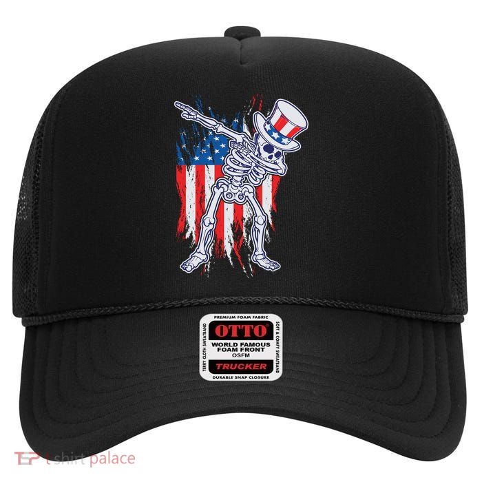 Funny Patriotic USA American Flag Dabbing Skeleton High Crown Mesh Back Trucker Hat