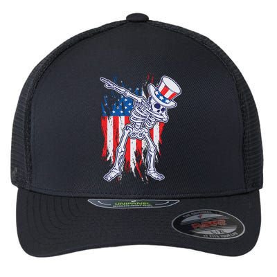 Funny Patriotic USA American Flag Dabbing Skeleton Flexfit Unipanel Trucker Cap