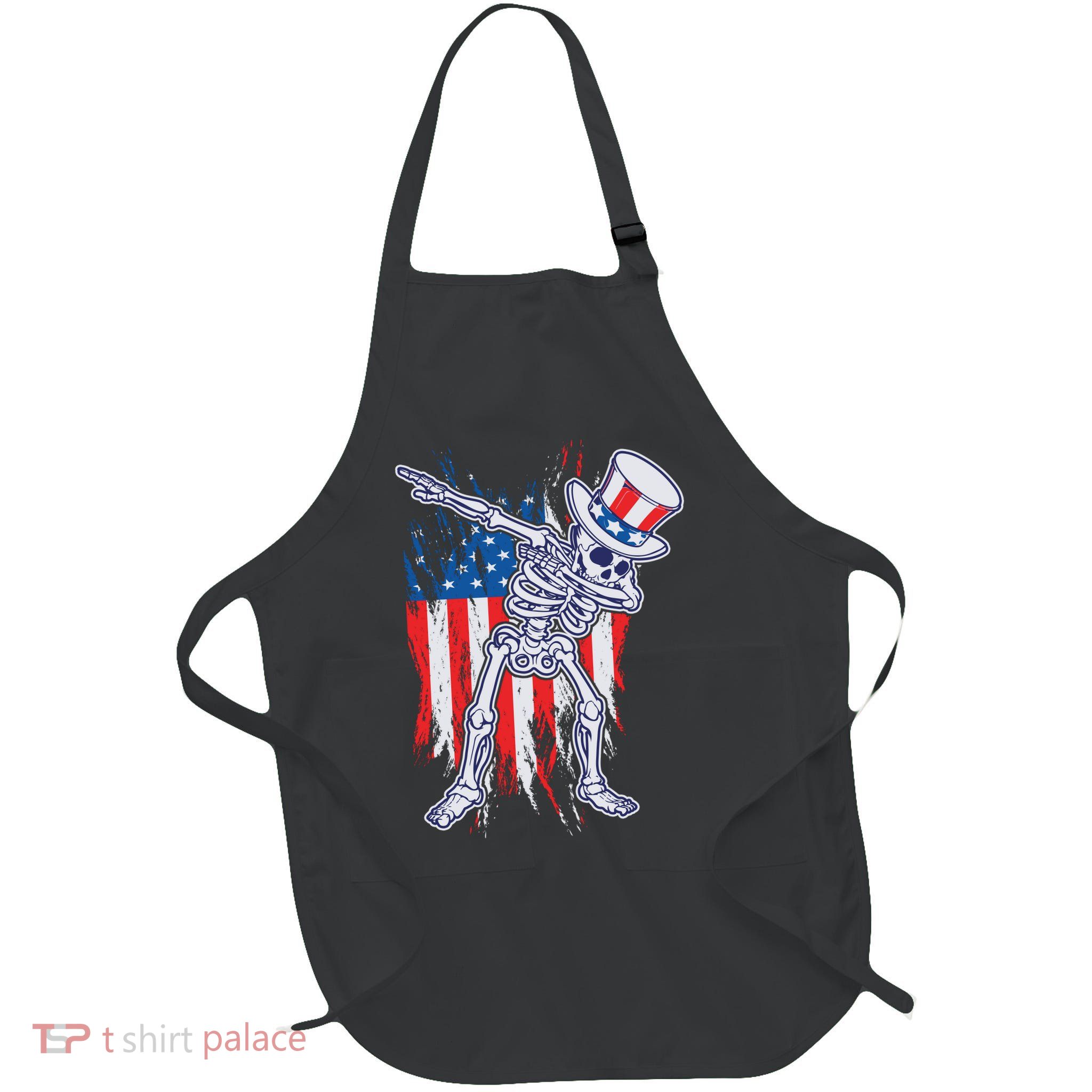 Funny Patriotic USA American Flag Dabbing Skeleton Full-Length Apron With Pockets