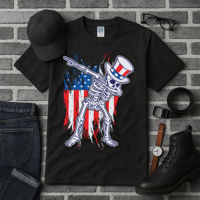 Funny Patriotic USA American Flag Dabbing Skeleton Tall T-Shirt