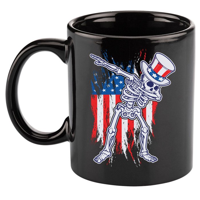 Funny Patriotic USA American Flag Dabbing Skeleton 11oz C Handle Ceramic Mug