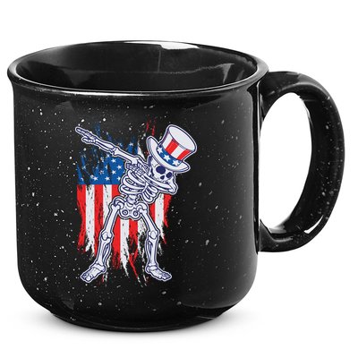 Funny Patriotic USA American Flag Dabbing Skeleton 15oz Campfire Ceramic Mug