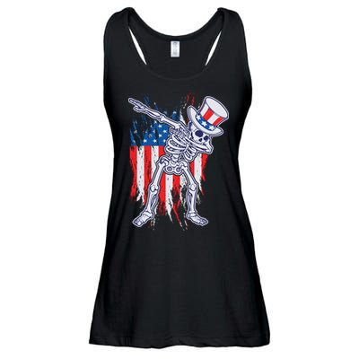 Funny Patriotic USA American Flag Dabbing Skeleton Ladies Essential Flowy Tank
