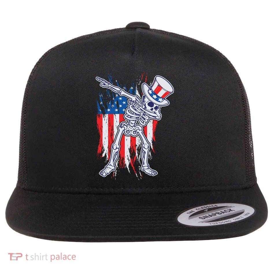 Funny Patriotic USA American Flag Dabbing Skeleton Flatbill Hat