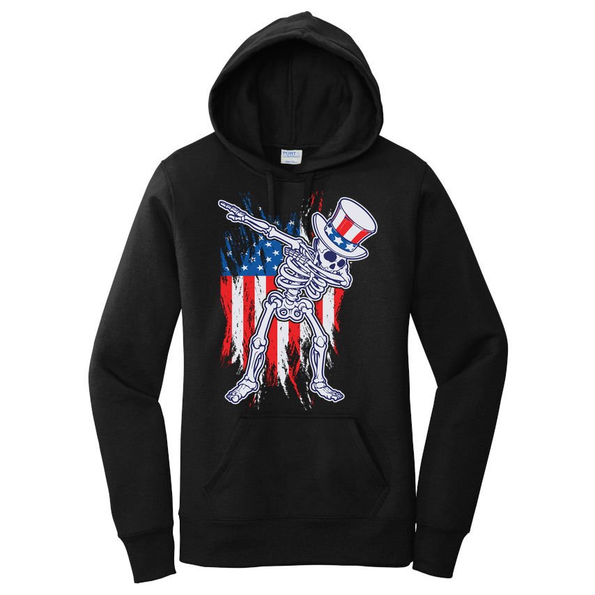 Funny Patriotic USA American Flag Dabbing Skeleton Women's Pullover Hoodie