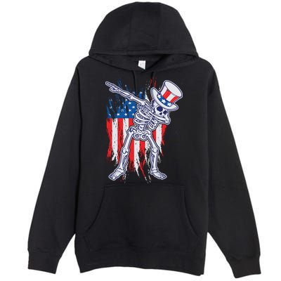 Funny Patriotic USA American Flag Dabbing Skeleton Premium Pullover Hoodie