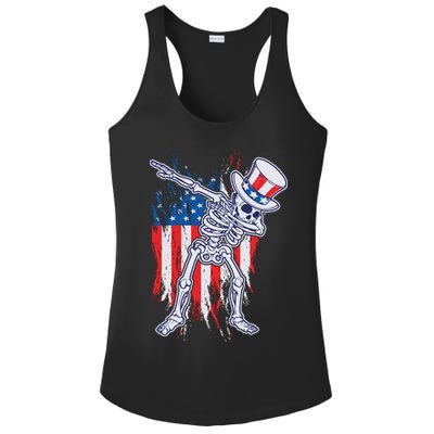 Funny Patriotic USA American Flag Dabbing Skeleton Ladies PosiCharge Competitor Racerback Tank
