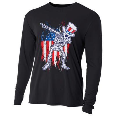 Funny Patriotic USA American Flag Dabbing Skeleton Cooling Performance Long Sleeve Crew