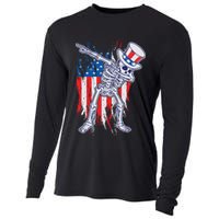 Funny Patriotic USA American Flag Dabbing Skeleton Cooling Performance Long Sleeve Crew