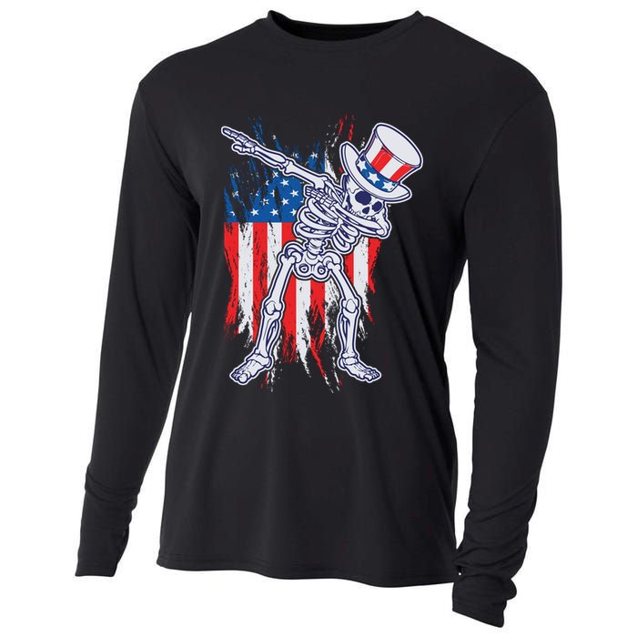 Funny Patriotic USA American Flag Dabbing Skeleton Cooling Performance Long Sleeve Crew