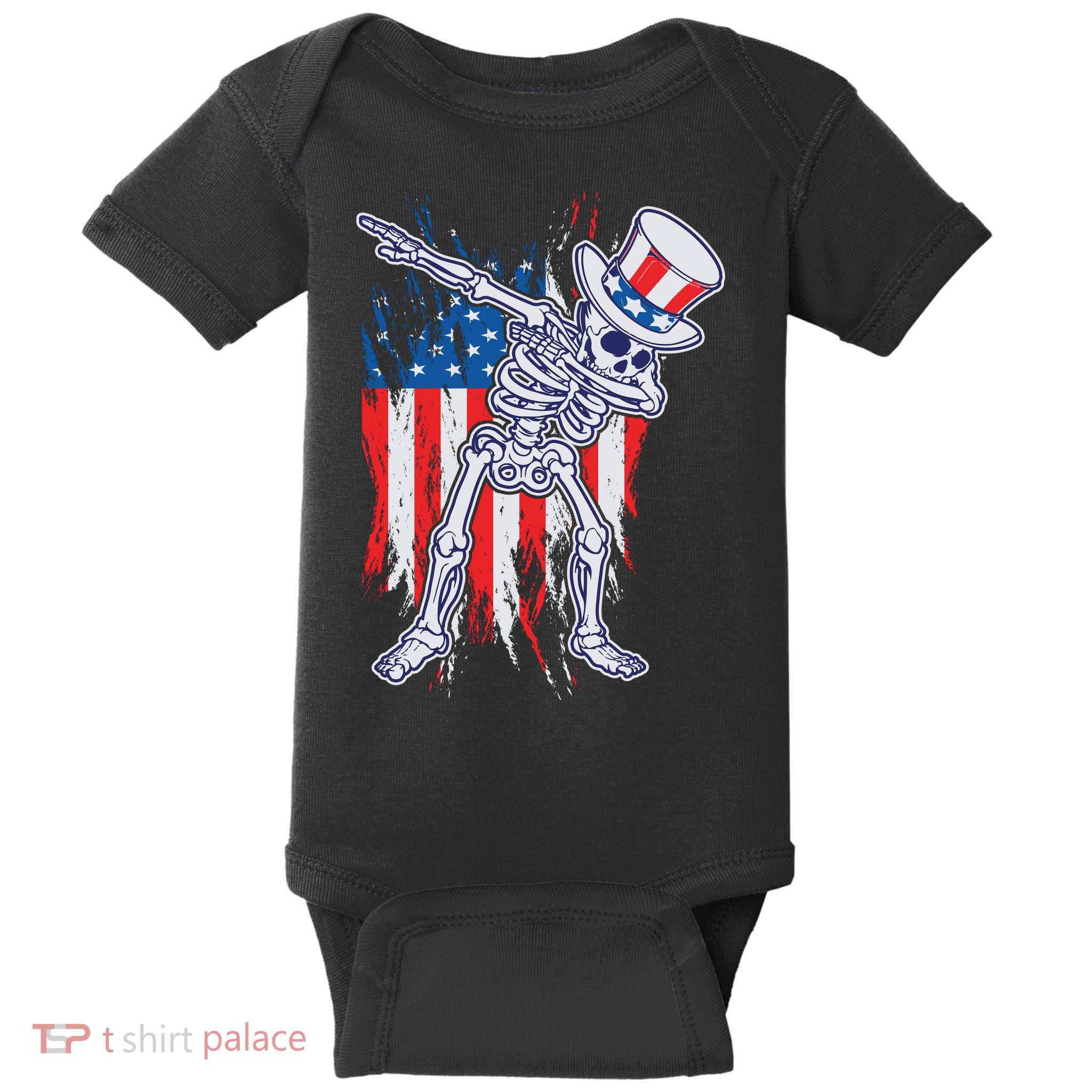 Funny Patriotic USA American Flag Dabbing Skeleton Baby Bodysuit