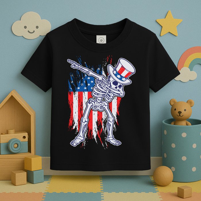 Funny Patriotic USA American Flag Dabbing Skeleton Toddler T-Shirt