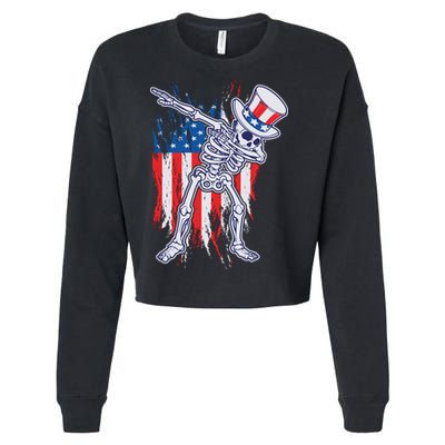 Funny Patriotic USA American Flag Dabbing Skeleton Cropped Pullover Crew