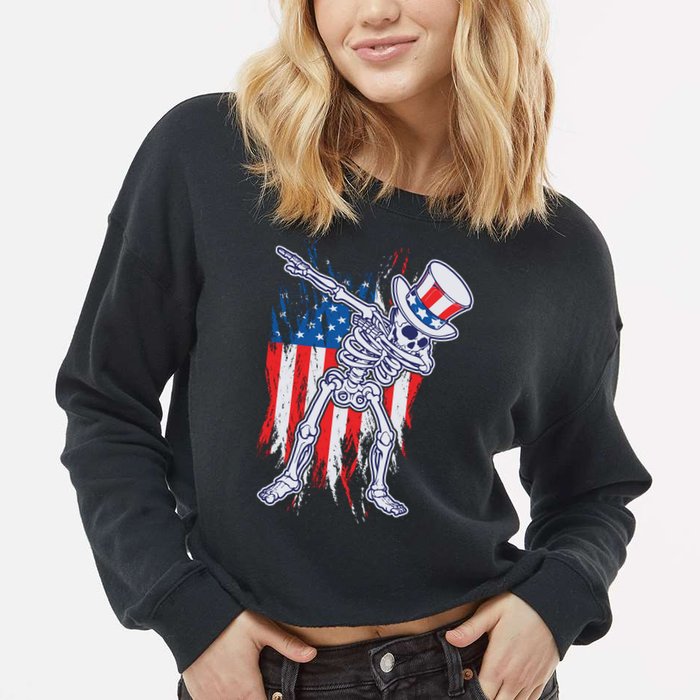 Funny Patriotic USA American Flag Dabbing Skeleton Cropped Pullover Crew