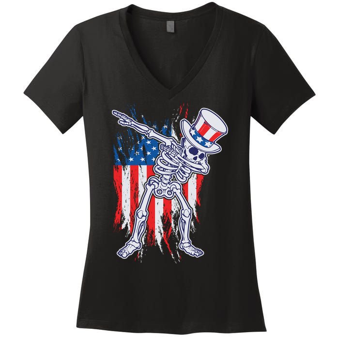 Funny Patriotic USA American Flag Dabbing Skeleton Women's V-Neck T-Shirt