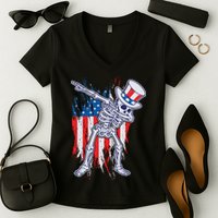 Funny Patriotic USA American Flag Dabbing Skeleton Women's V-Neck T-Shirt