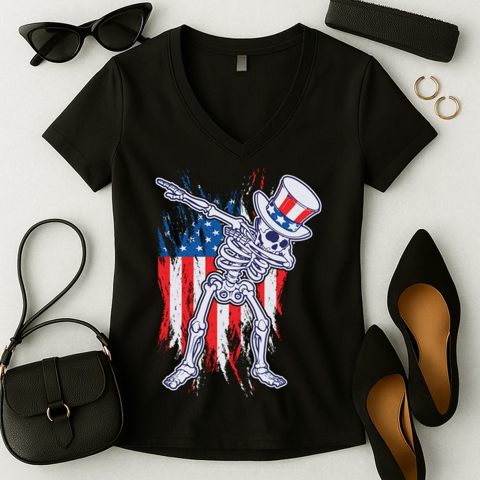 Funny Patriotic USA American Flag Dabbing Skeleton Women's V-Neck T-Shirt