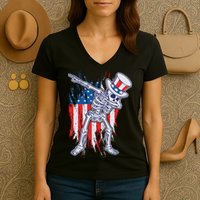 Funny Patriotic USA American Flag Dabbing Skeleton Women's V-Neck T-Shirt