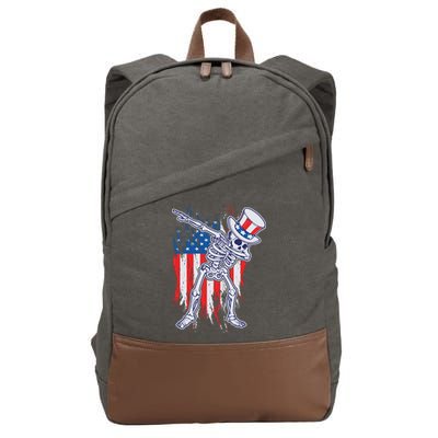 Funny Patriotic USA American Flag Dabbing Skeleton Cotton Canvas Backpack