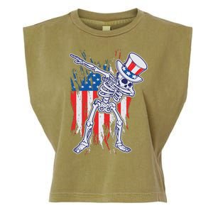 Funny Patriotic USA American Flag Dabbing Skeleton Garment-Dyed Women's Muscle Tee