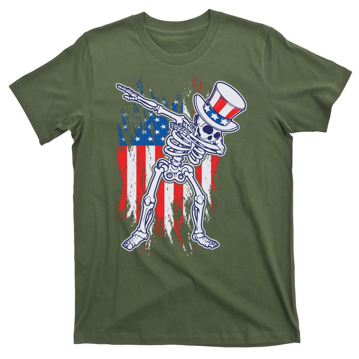 Funny Patriotic USA American Flag Dabbing Skeleton T-Shirt