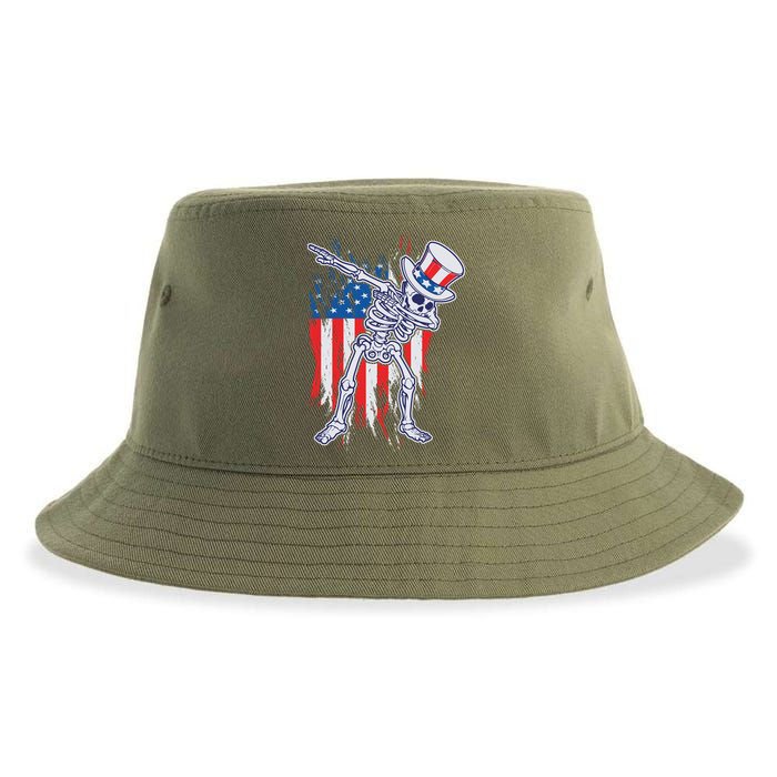 Funny Patriotic USA American Flag Dabbing Skeleton Sustainable Bucket Hat