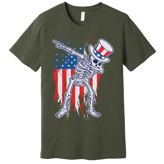 Funny Patriotic USA American Flag Dabbing Skeleton Premium T-Shirt