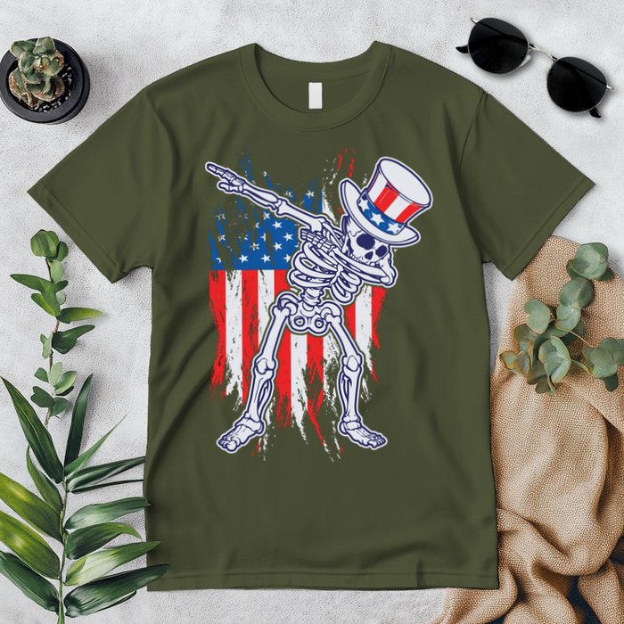 Funny Patriotic USA American Flag Dabbing Skeleton Premium T-Shirt