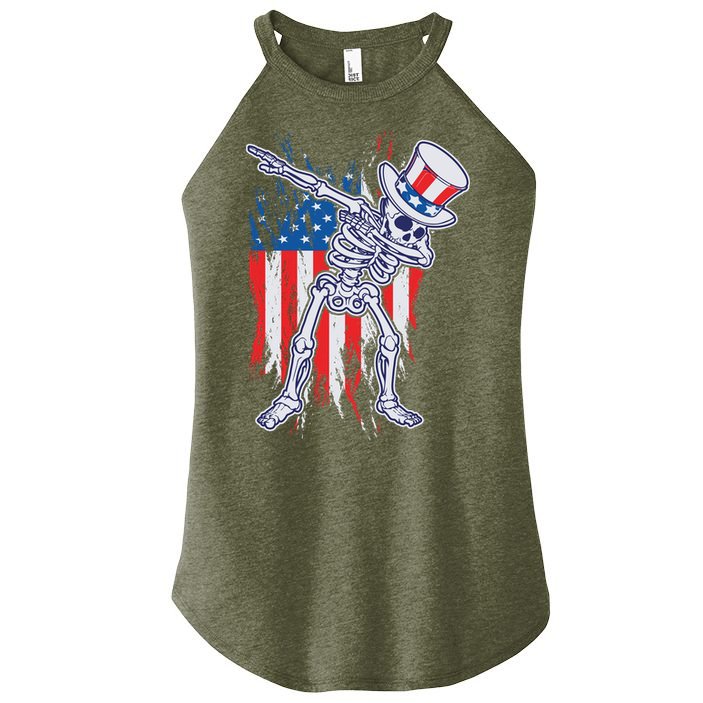 Funny Patriotic USA American Flag Dabbing Skeleton Women's Perfect Tri Rocker Tank