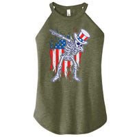 Funny Patriotic USA American Flag Dabbing Skeleton Women's Perfect Tri Rocker Tank