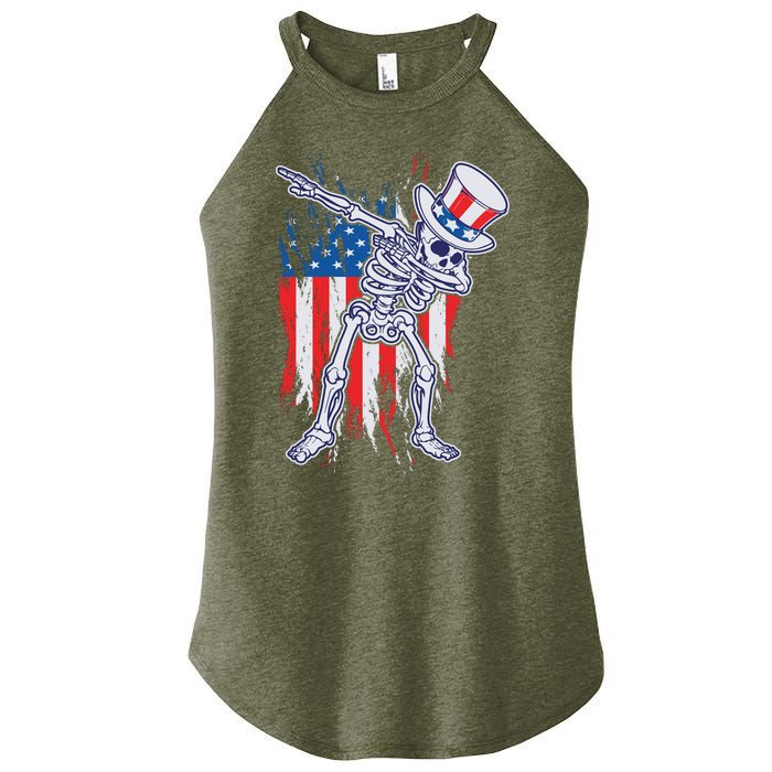 Funny Patriotic USA American Flag Dabbing Skeleton Women's Perfect Tri Rocker Tank