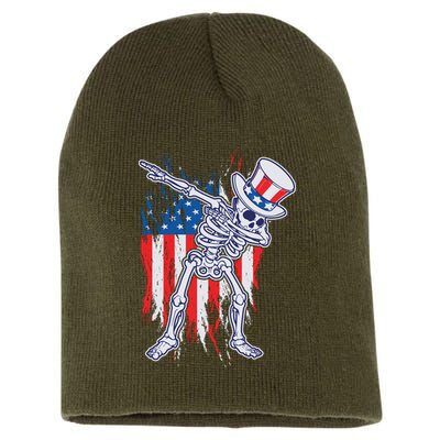 Funny Patriotic USA American Flag Dabbing Skeleton Short Acrylic Beanie
