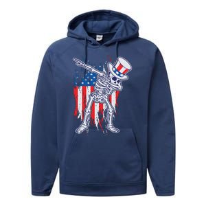 Funny Patriotic USA American Flag Dabbing Skeleton Performance Fleece Hoodie