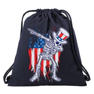 Funny Patriotic USA American Flag Dabbing Skeleton Drawstring Bag