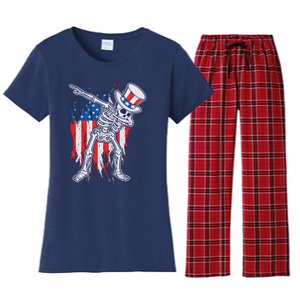 Funny Patriotic USA American Flag Dabbing Skeleton Women's Flannel Pajama Set