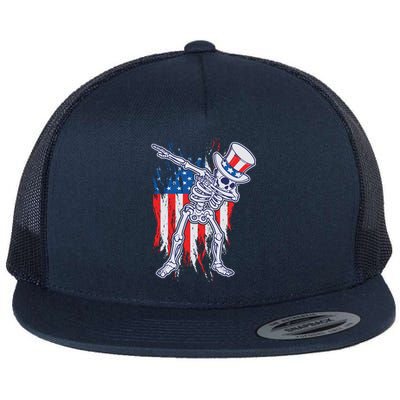 Funny Patriotic USA American Flag Dabbing Skeleton Flat Bill Trucker Hat