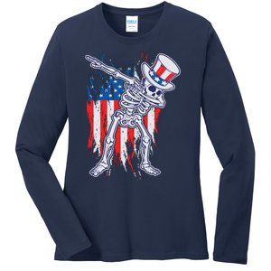 Funny Patriotic USA American Flag Dabbing Skeleton Ladies Long Sleeve Shirt