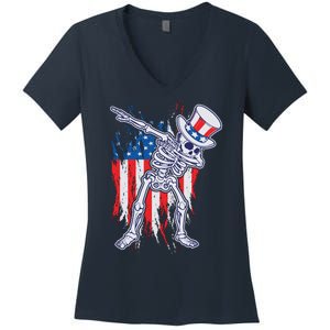 Funny Patriotic USA American Flag Dabbing Skeleton Women's V-Neck T-Shirt