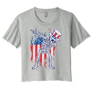 Funny Patriotic USA American Flag Dabbing Skeleton Women's Crop Top Tee